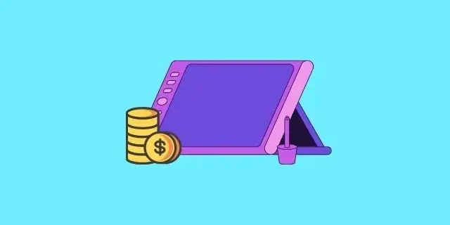 illustration of digital drawing tablet with stack of dollar coins