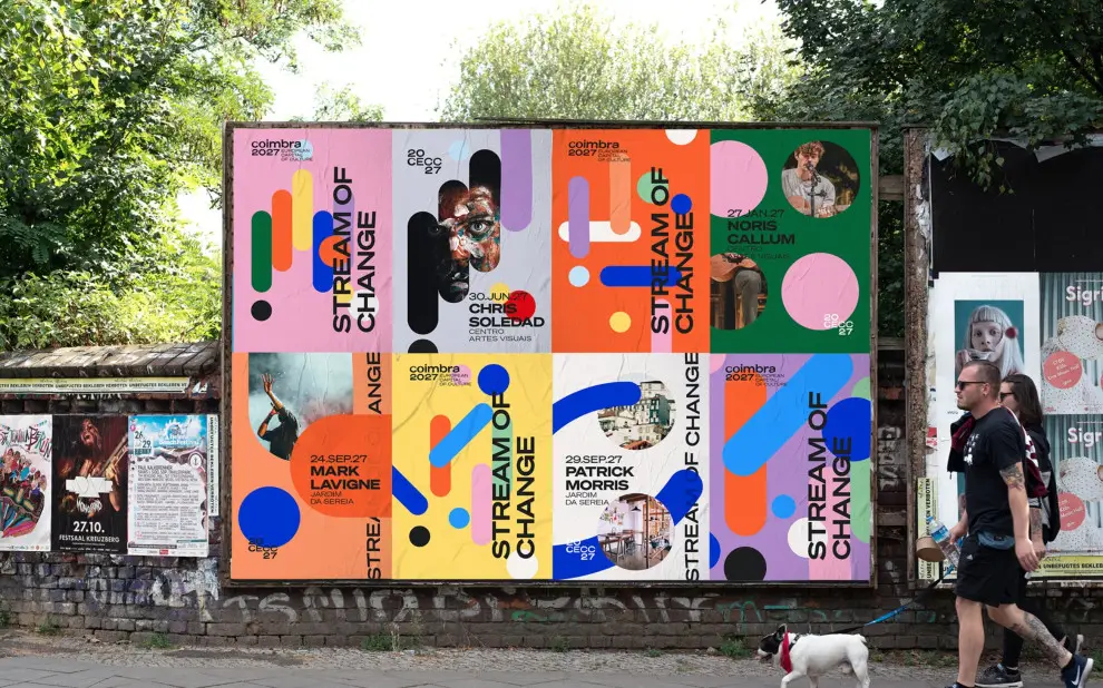 Coimbra 2077 stream of change design by Grafema displayed on public board