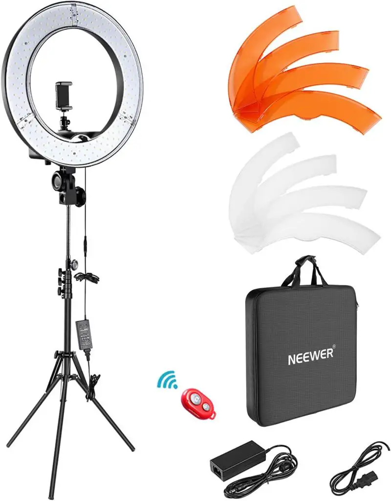 Ring light kit with remote, bag, and shades