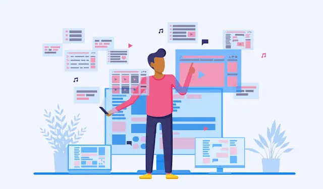Illustration of person arranging web design elements on screen