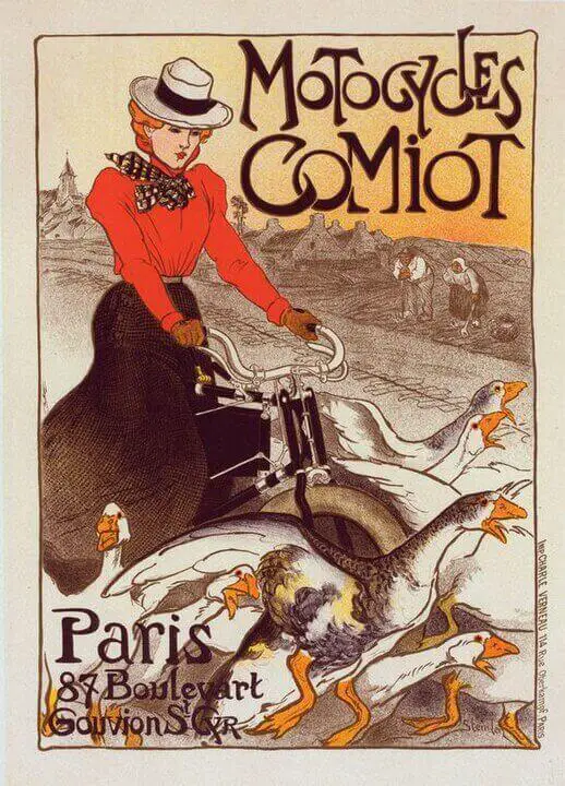 Poster illustration of Motocycles Comiot by Théophile-Alexandre Steinlen from Les Maîtres de l'affiche (1899)