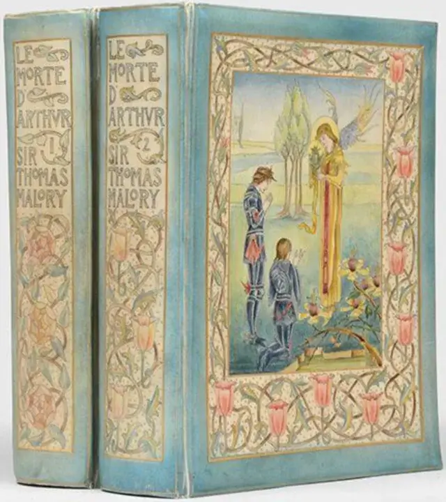 The two volumes of an illustrated edition of Le Morte D'Arthur published by J. M. Dent in 1893, featuring Aubrey Beardsley's hand-painted artwork