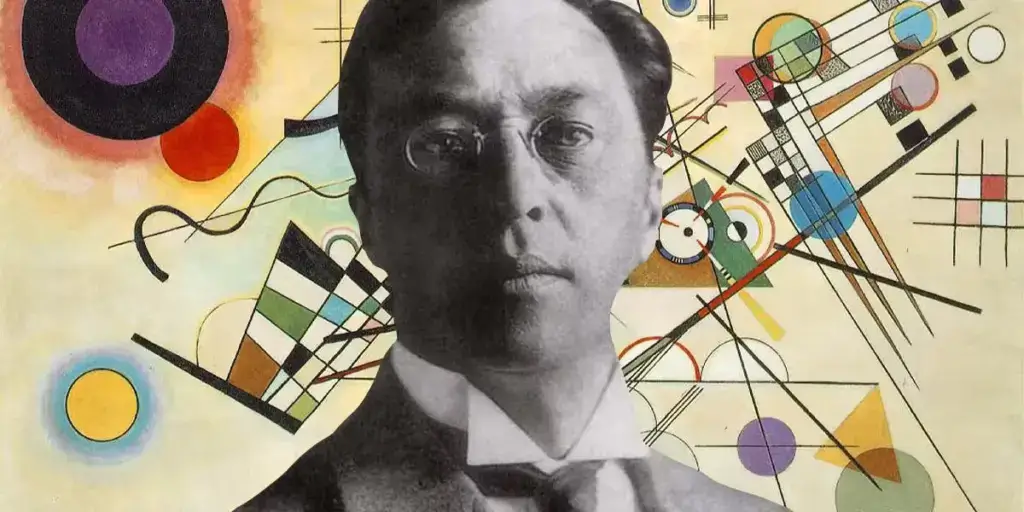 Portrait image of Wassily Kandinsky with his famous painting "Composition VIII", 1923