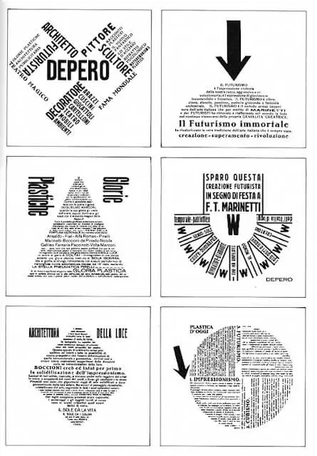 Various extracts from the book Depero Futurista, Dinamo-Azari by Fortunaro Depero