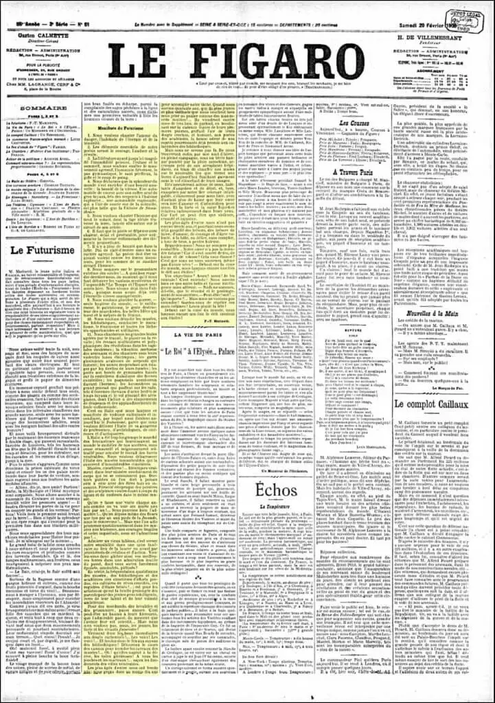 Le Figaro, a Paris newspaper with the Manifesto de Futurismo or Futurist Manifesto highlighted, 1909