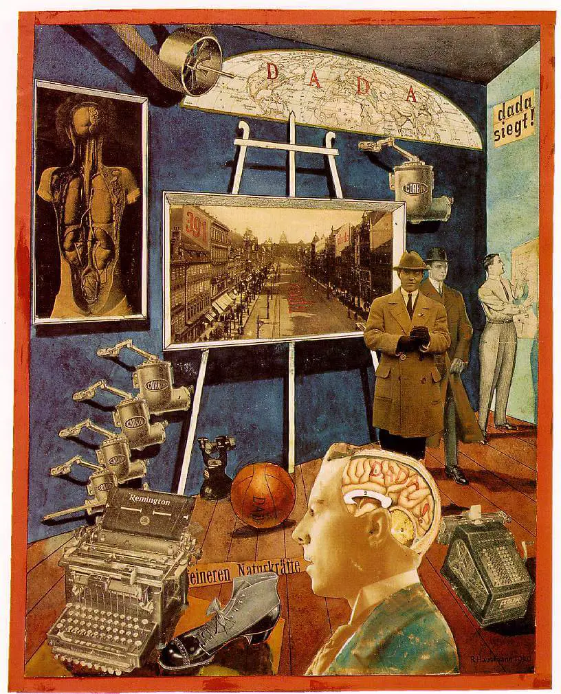 Raoul Hausmann, A Bourgeois Precision Brain Incites a World Movement, also known as Dada siegt (Dada Triumphs), 1920, photomontage and collage with watercolor on paper