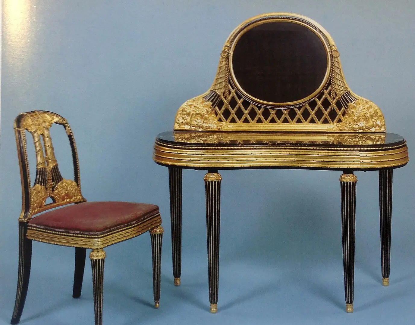Dressing table and chair of marble and encrusted, lacquered, and gilded wood by Follot (1919–20)